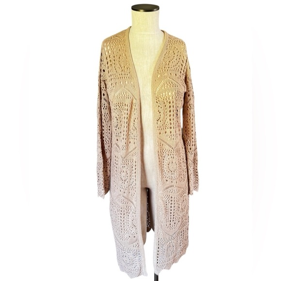 Chelsea & Theodore Sweaters - Chelsea & Theodore Open Knit Crochet Longline Open Front Duster Cardigan Sz S